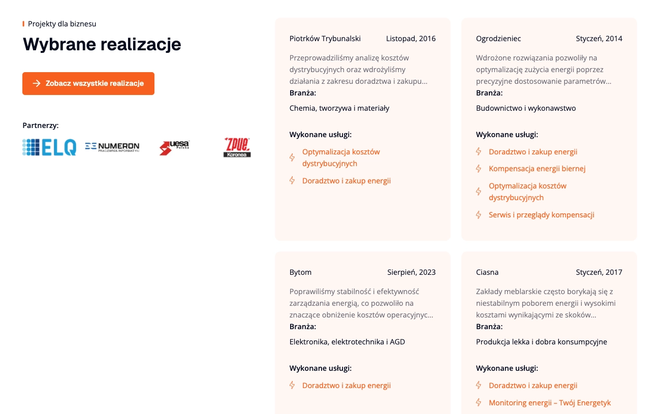 Sekcja 'Wybrane realizacje' na stronie Elektro-Efekt z czterema projektamicase study