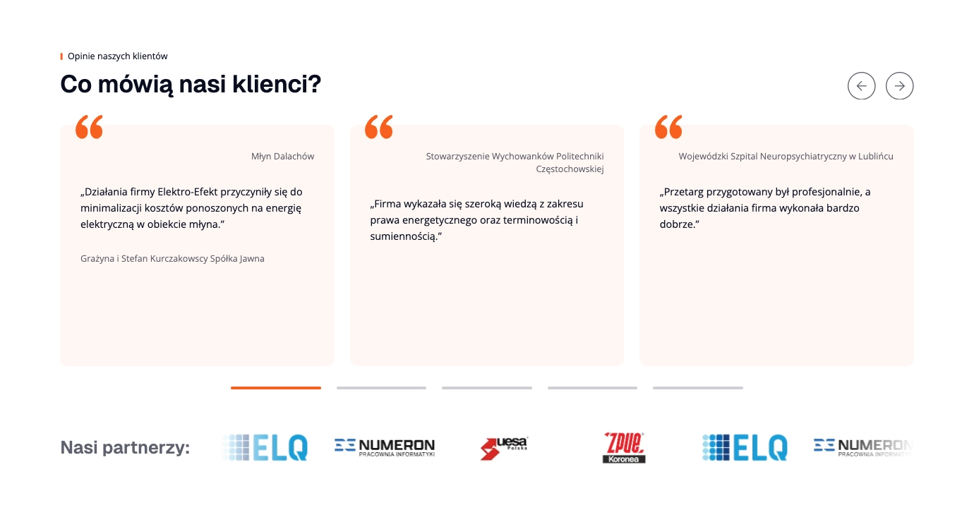 Sekcja opinii klientów strony Elektro-Efekt z karuzelą trzech testimoniali od firm i organizacji