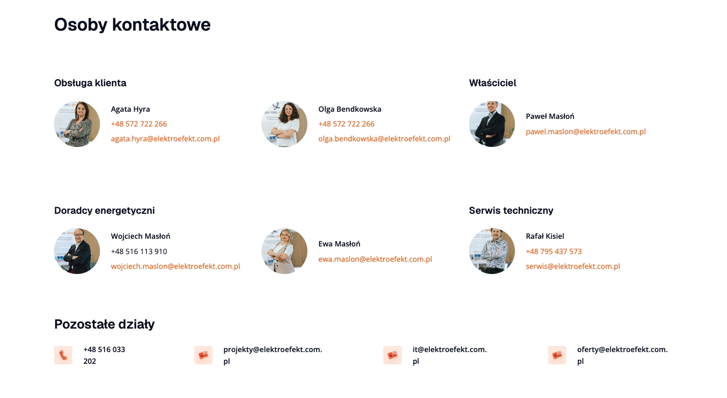 Sekcja kontaktów zespołu Elektro-Efekt z informacjami pracowników podzielona na kategorie: Obsługa klienta Właściciel Doradcy energetyczni i Serwis techniczny z fotografiami i danymi kontaktowymi