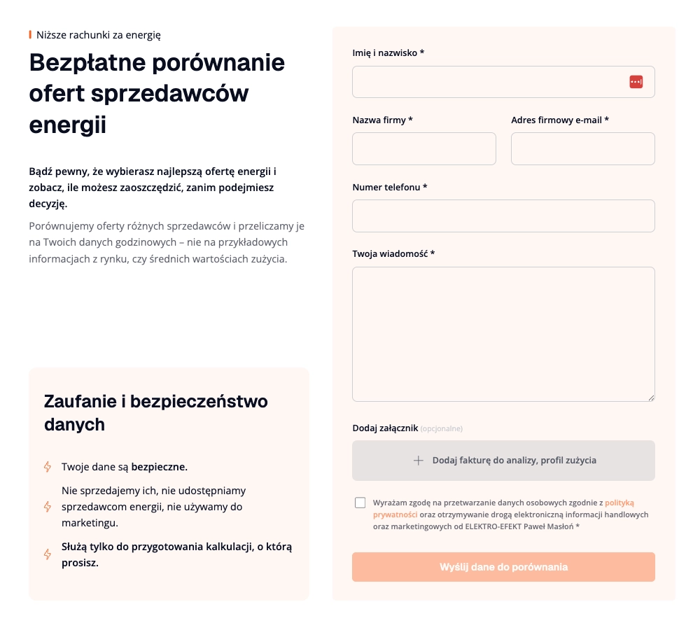 Sekcja porównania ofert energetycznych na stronie Elektro-Efekt z formularzem kontaktu