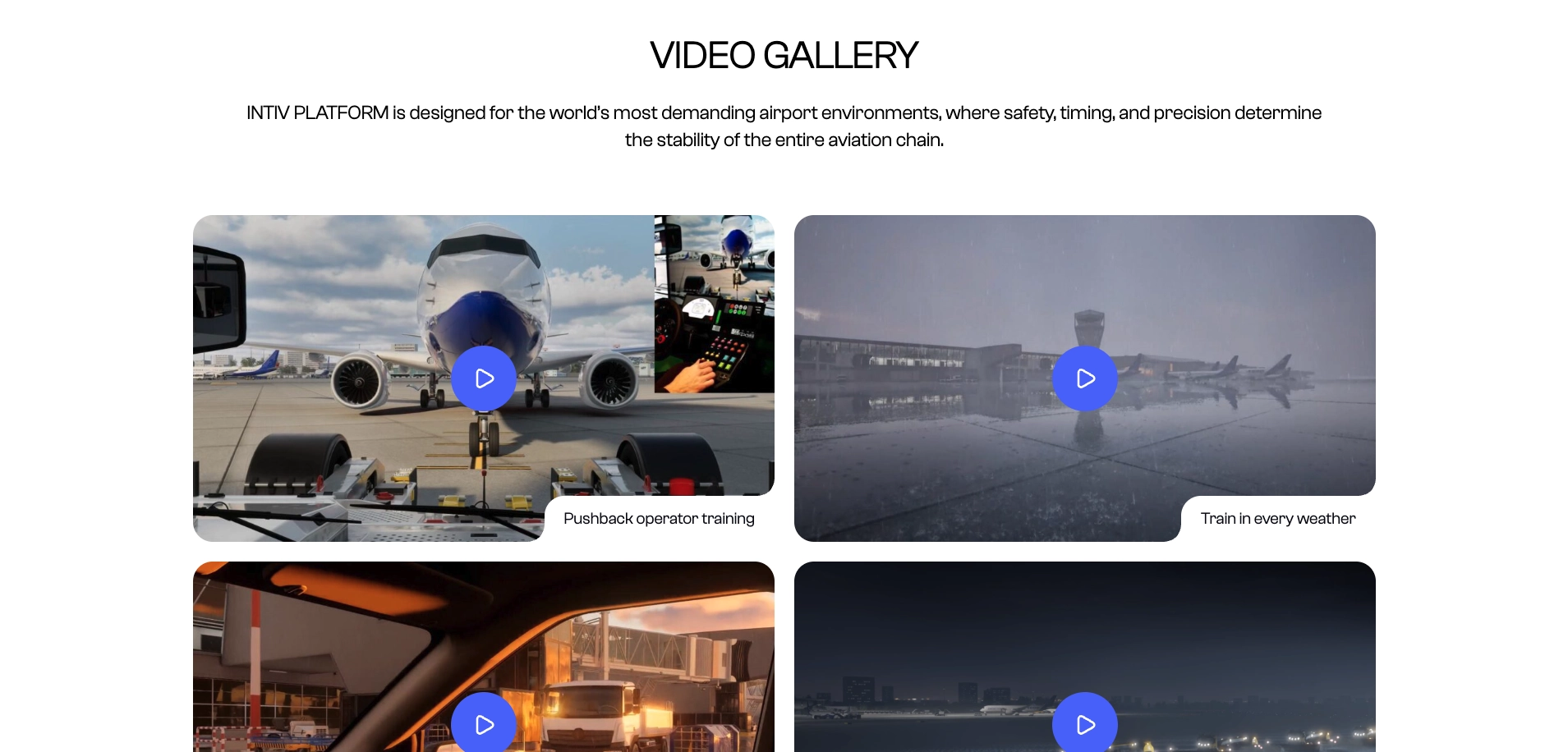 Sekcja galerii wideo na stronie INTIV Systems - treningi avioniczne z filmami szkoleniowymi (Push-back operator training, Train in every weather) i zdjęcia samolotów